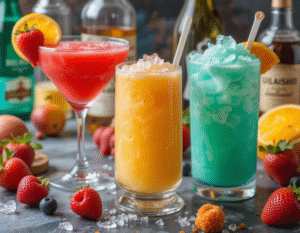 Cocktail-Inspired-Ice-Creams-Sorbets-Ice-Lollies-For-Long-Hot-Summer-Days-Image-4-three-cocktails-sorbets-in-tall-glasses-with-fresh-fruit-Frosted-Fusions