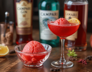 Cocktail-Inspired-Ice-Creams-Sorbets-Ice-Lollies-For-Long-Hot-Summer-Days-Image-5-negroni-cocktai-with-negroni-sorbet-and-campari-bottle-in-background-Frosted-Fusions