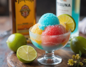 Cocktail-Inspired-Ice-Creams-Sorbets-Ice-Lollies-For-Long-Hot-Summer-Days-Image-7rainbow-margertia-sorbet-with-fresh-limes-and-tequila-in-background-Frosted-Fusions