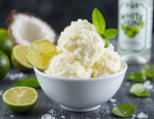 Cocktail-Inspired-Ice-Creams-Sorbets-Ice-Lollies-For-Long-Hot-Summer-Days-Image-9-coconut-mojito-ice-cream-in-bowl-with-fresh-limes-and-white-rum-in-background-Frosted-Fusions