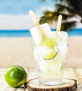 Fun-Easy-Homemade-Ice-Lollies-Popsicles-—-The-Perfect-Summer-Treat-image-7-glass-with-gin-and-tonic-lollies-with-fresh-lime-to-the-side-Frosted-Fusions