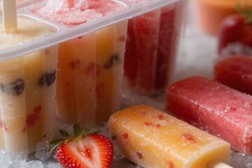 Fun-Easy-Homemade-Ice-Lollies-Popsicles-The-Perfect-Summer-Treat-featured image 637x1920 ice lollies lined up with some in mould and freesh fruit scattered Frosted-Fusions