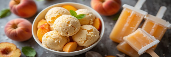 Homemade Peach Ice Cream And Lollipops Recipes Featured Image 2 637x1920w Bowl of Peach ice cream and peach lollipops with fresh peaches to the side Frosted Fusions