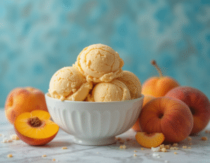 Homemade Peach Ice Cream And Lollipops Recipes Image 2 bowl of peach ice cream with fresh peaches to the side Frosted Fusions