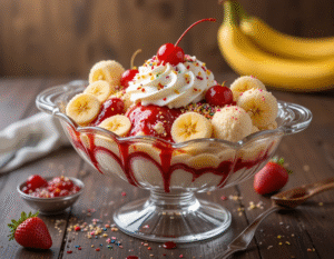 How-To-Guide To Make The Perfect Banana Split Sundae image 5 banana sp;it sundae in glass dessert dish topped with cherries and whipped cream Frosted Fusions