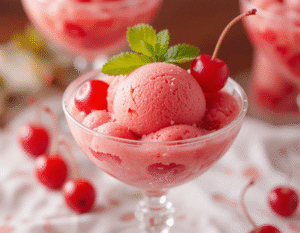 Shirley-Temple-Sorbet-–-A-Classic-Mocktail-Summer-Dessert-image-2-Shirley-Temple-Sorbet-topped-with-maraschino-cherries-Frosted-Fusions