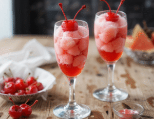 Shirley-Temple-Sorbet-–-A-Classic-Mocktail-Summer-Dessert-image-3-Shirley-Temple-Cocktail-Sorbets-in-champagne-glasses-topped-with-maraschino-cherries-Frosted-Fusions