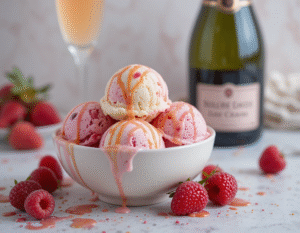 Summer Solstice – Celebrate The Longest Day Of The Year With Ice Cream Image 2 bowl of berri ripple ice cream with fresh raspbs and bottle of prosecco in background Frosted Fusions