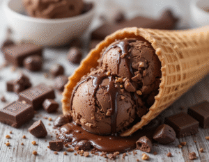 The-Monthly-Scoop-–-July-2025-Image-2Chocolate-ice-cream-in-waffle-cone-with-choc-chunks-and-choc-sauce-in-background-Frosted-Fusions