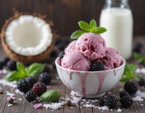 Vegan-Desserts-Exciting-Healthy-Unique-Plant-Based-Ice-Cream-Recipes-image-2-blackberry-and-basil-ice-cream-in-a-bowl-with-fresh-coconut-in-the-background-Frosted-Fusions