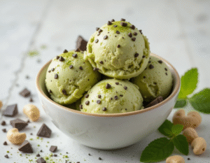 Vegan-Desserts-Exciting-Healthy-Unique-Plant-Based-Ice-Cream-Recipes-image-4-matcha-mint-chip-ice-cream-in-a-bowl-with-chocolate-pieces-cashews-and-matcha-leaves-in-the-background-Frosted-Fusions