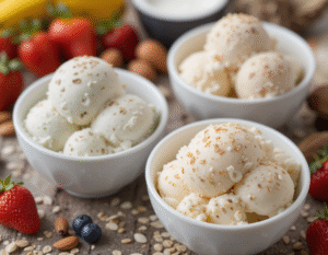 Vegan-Desserts-Exciting-Healthy-Unique-Plant-Based-Ice-Cream-Recipes-image-6-bowls-of-vegan-ice-cream-with-fresh-ingredients-in-the-background-Frosted-Fusions