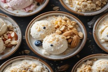 Vegan Desserts - Healthy & Unique Plant-Based Ice Cream Recipes featured image 637x1920w top view of bowl of vegan ice cream garnished with nuts fresh fruit Frosted Fusions