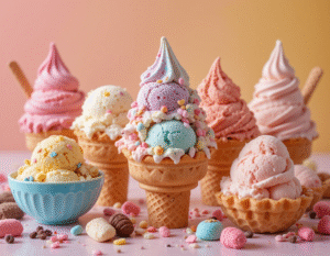 Celebrating-National-Ice-Cream-Month-And-The-Worlds-Love-Affair-With-Ice-Cream-image-1-selection-of-ice-cream-with-sprinkles-waffle-cones-Frosted-Fusions