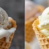 How-To-Stop-Homemade-Ice-Cream-From-Melting-Too-Fast-Featured-image-637x1920w-side-by-side-comparison-of-ice-cream-in-waffle-cones-one-melting-the-other-not-Frosted-Fusion