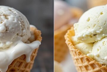 How-To-Stop-Homemade-Ice-Cream-From-Melting-Too-Fast-Featured-image-637x1920w-side-by-side-comparison-of-ice-cream-in-waffle-cones-one-melting-the-other-not-Frosted-Fusion