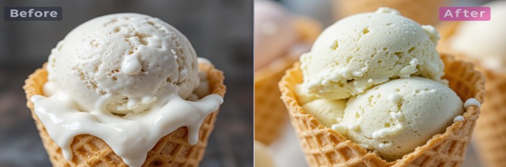 How-To-Stop-Homemade-Ice-Cream-From-Melting-Too-Fast-Featured-image-637x1920w-side-by-side-comparison-of-ice-cream-in-waffle-cones-one-melting-the-other-not-Frosted-Fusion