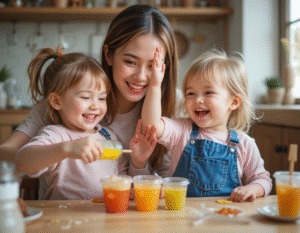 Summer-Holidays-Day-2-Mum-Im-Bored-Fun-Ice-Cream-Ideas-For-Kids-image-1-parent-with-two-young-children-making-colourful-ice-lollies-Frosted-Fusions