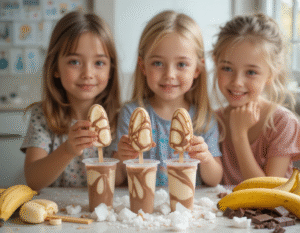 Summer-Holidays-Day-2-Mum-Im-Bored-Fun-Ice-Cream-Ideas-For-Kids-image-3-three-young-girls-making-bananan-and-chocolate-ice-lollies-Frosted-Fusions