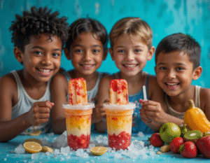 Summer Holidays Day 2 Mum, I’m Bored! Fun Ice Cream Ideas For Kids image 54 young mixed heritage boys making fruit layered ice lollies with fresh fruit to the side Frosted Fusions